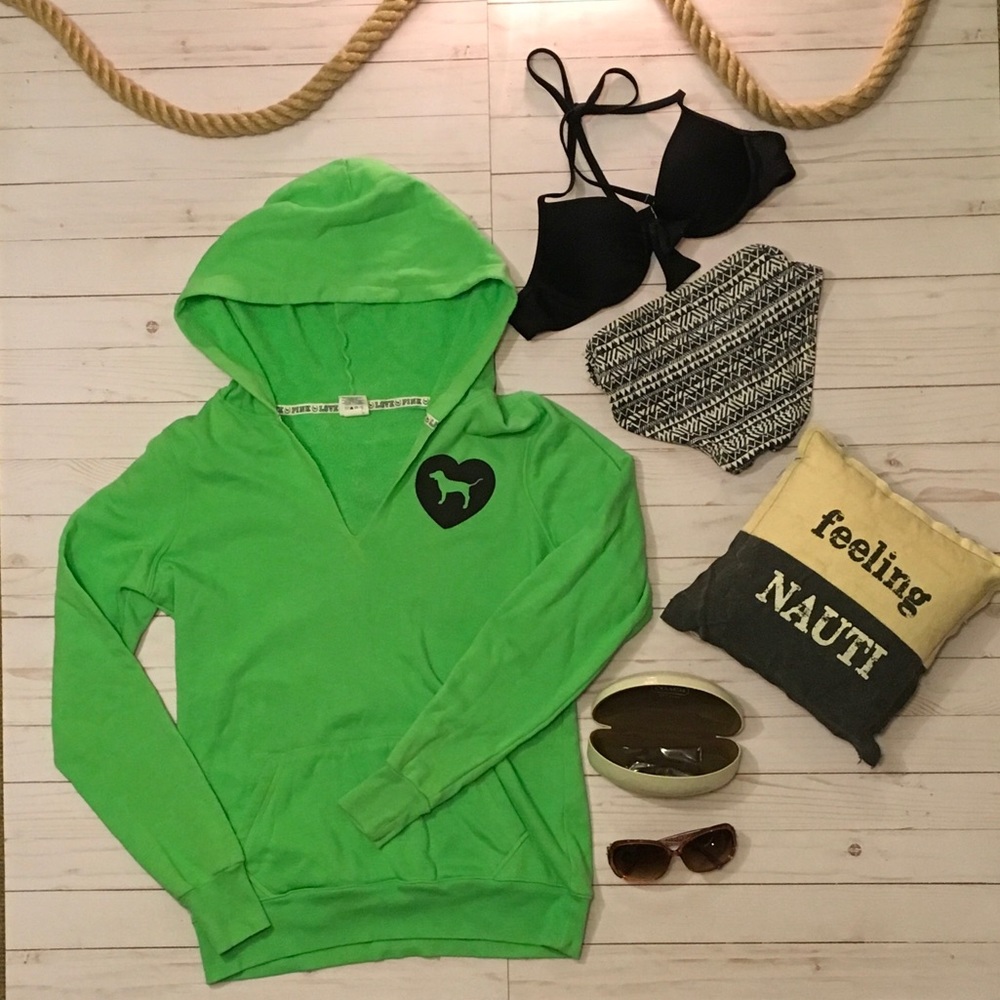 PINK Green V Neck Hoodie